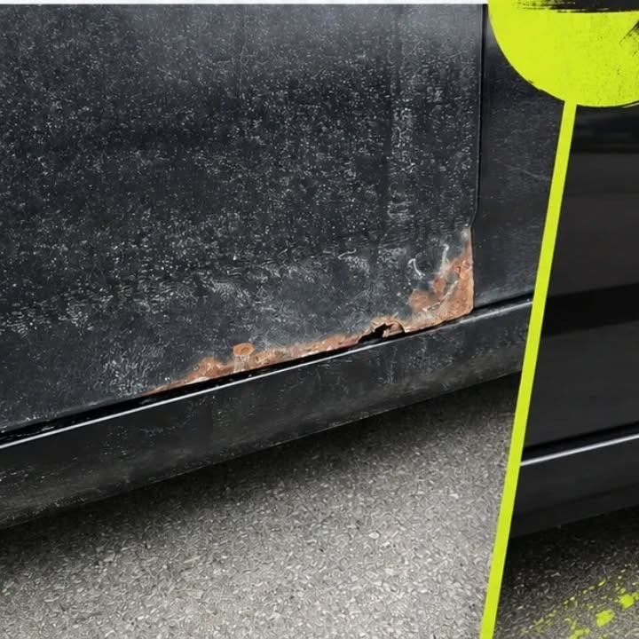 Corroded black rocker panel before repair