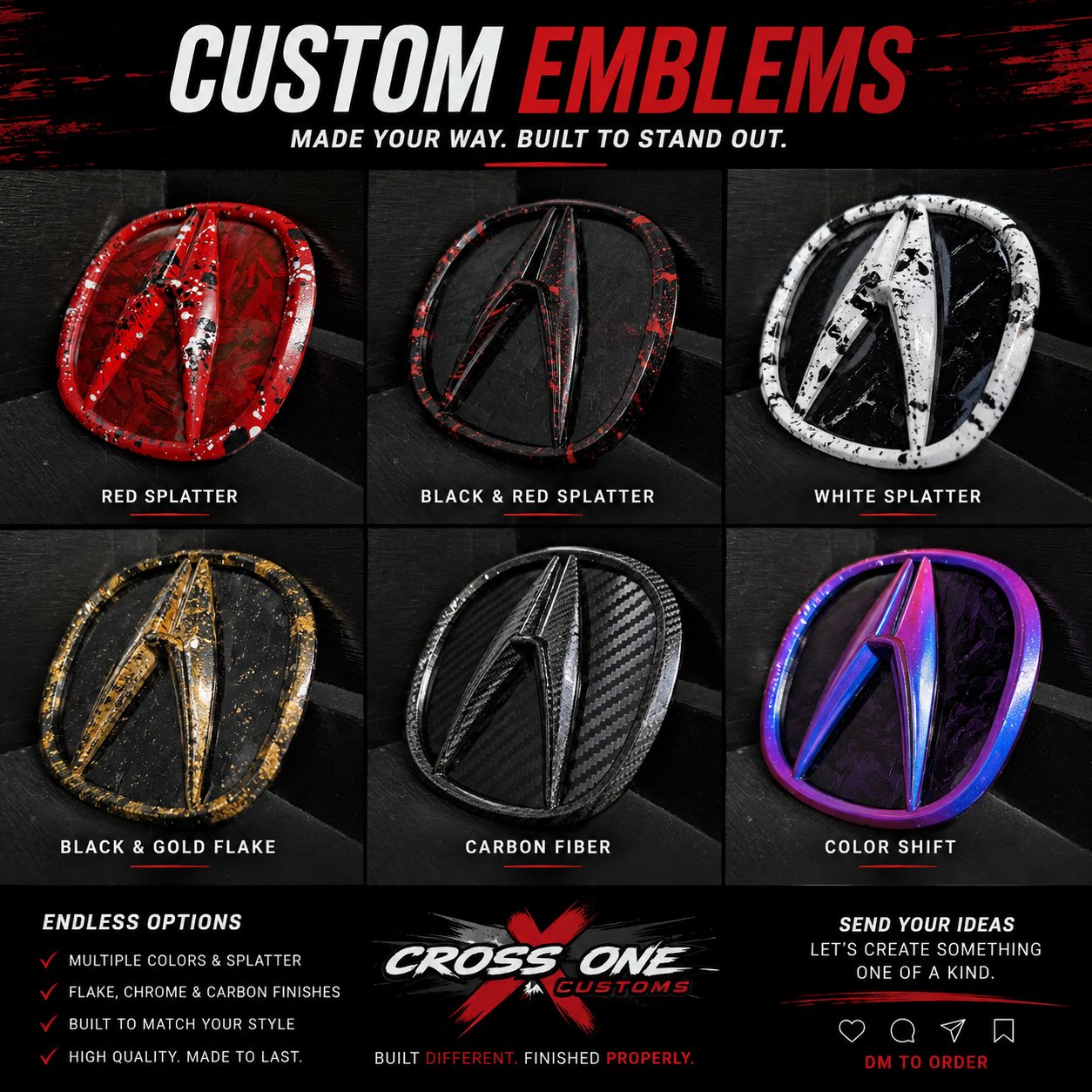 Custom Emblems lineup showing six available finishes and DM to order